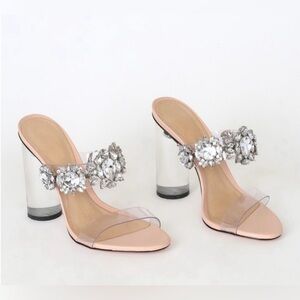 Schutz Women's Blanck Clear-Heel Embellished Mules - Silver -
Size 8.5